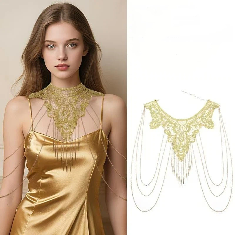 Body Jewelry Necklace - สร้อยคอพู่ห้อยหลายชั้นประดับลูกไม้สีทอง แฟชั่นสำหรับผู้หญิง เครื่องประดับตกแต่งร่างกาย สง่างาม ทันสมัย