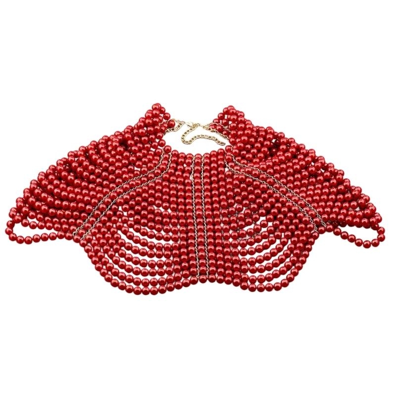 Body Jewelry Necklace - 49MD ผู้หญิงที่สง่างามผ้าคลุมไหล่หลายชั้นลูกปัดหน้าอกโซ่ชั้นสร้อยคอเครื่องประดับร่างกาย