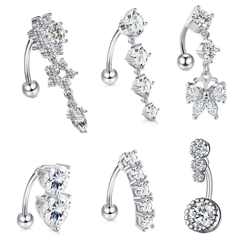Body Jewelry Surgical Steel - จิวสะดือแบบห้อย จิวสะดือสแตนเลสเกรดศัลยกรรม 14G สำหรับผู้หญิง จิวสะดือแบบคลิกเกอร์ประดับเพชร CZ