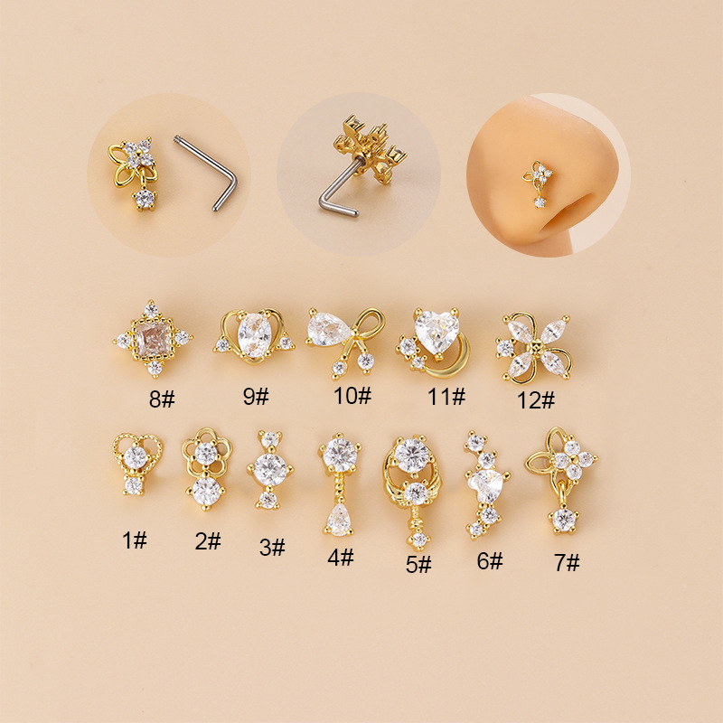 จิวเจาะจมูกทรงตัวแอลประดับเพชร - Body Jewelry Surgical Steel บทวิจารณ์และราคา